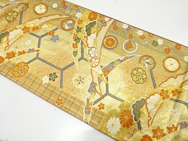 JAPANESE KIMONO / FUKURO OBI FOR FURISODE / SILK / WOVEN SNOWFLAKE & FLOWERS & CLASSICAL PATTERN